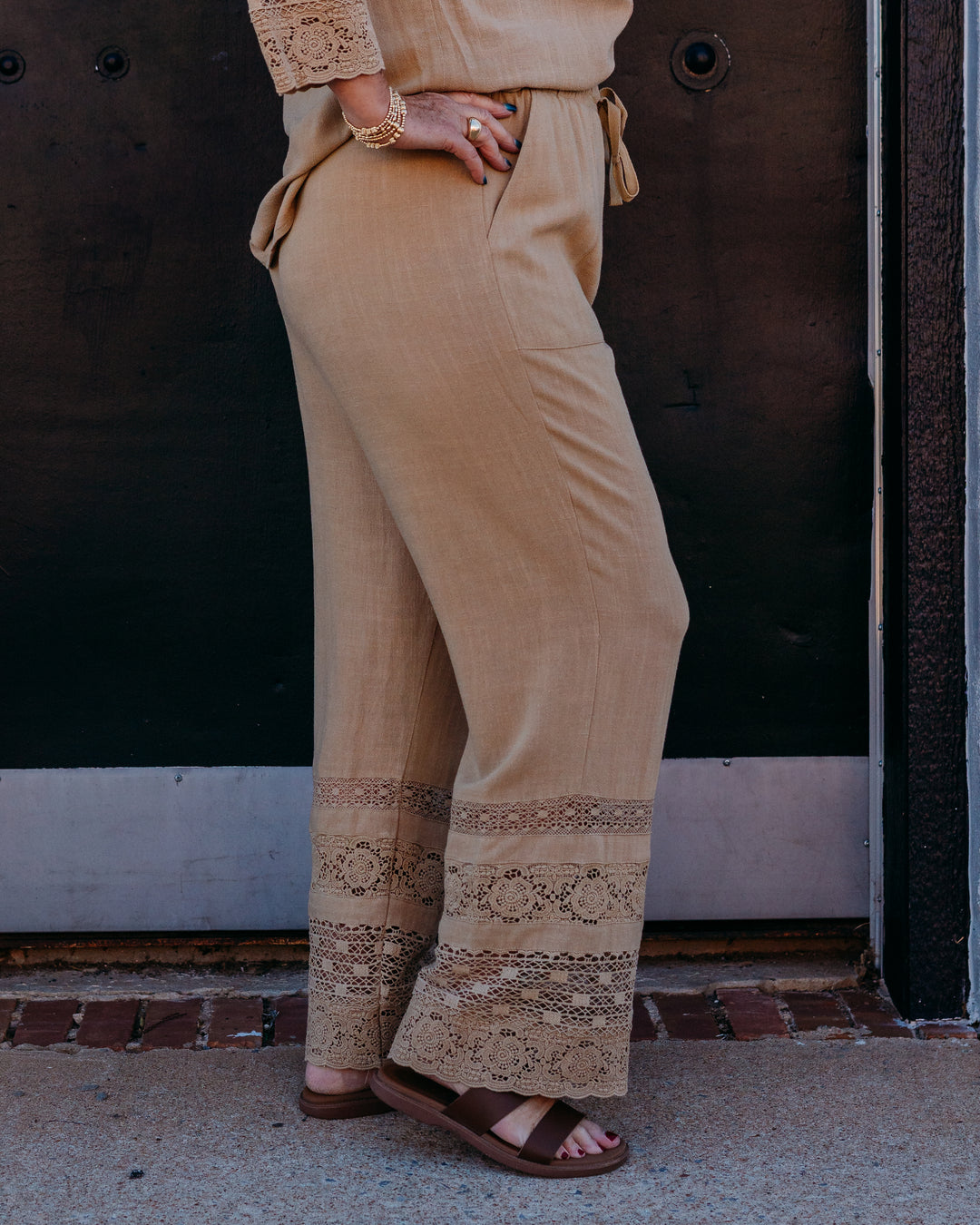 Multiples: Drawstring Elastic Waist P/O 2-Pkt Crop Pant W/Lace Trim in Khaki (M26410PM)