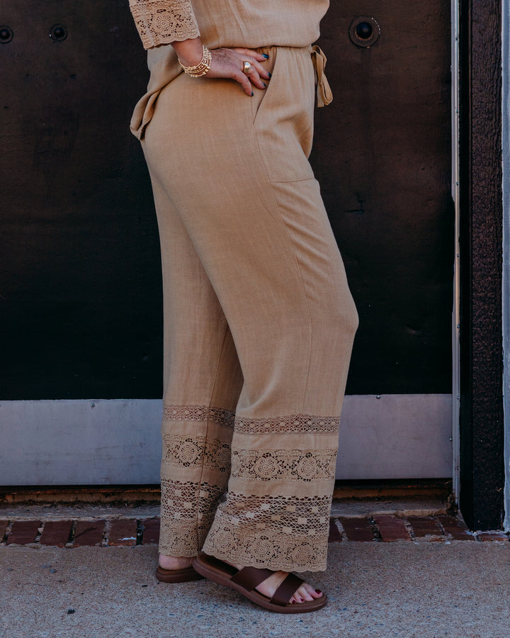 Multiples: Drawstring Elastic Waist P/O 2-Pkt Crop Pant W/Lace Trim in Khaki (M26410PM)