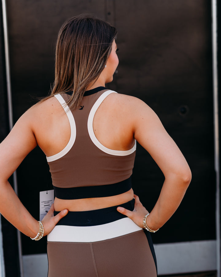 Glyder: Socialite Bra in Chocolate, Oatmilk, and Black