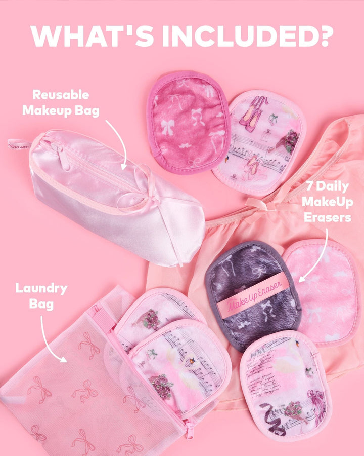 Ballet Core MakeUp Eraser 7-Day Set with pink pouches in clear cosmetic case