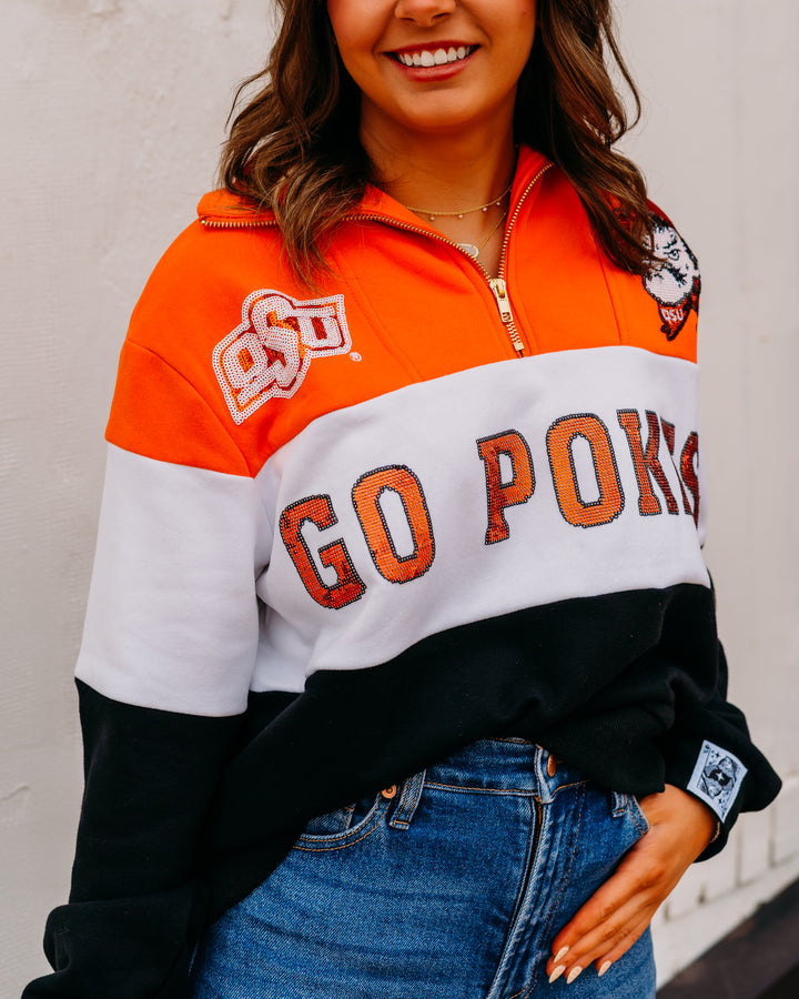 Queen of Sparkle: Licesened OK State Quarter Zip Colorblock Sweatshirt