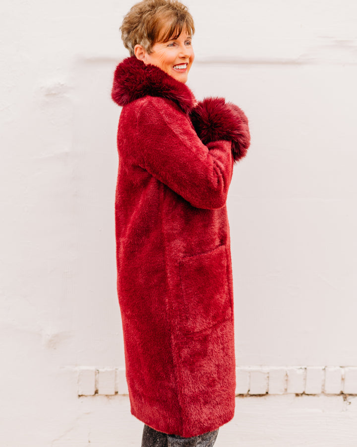 Joseph Ribkoff: Feather Yarn and Faux Fur Sweater Coat in Merlot (243923F25)