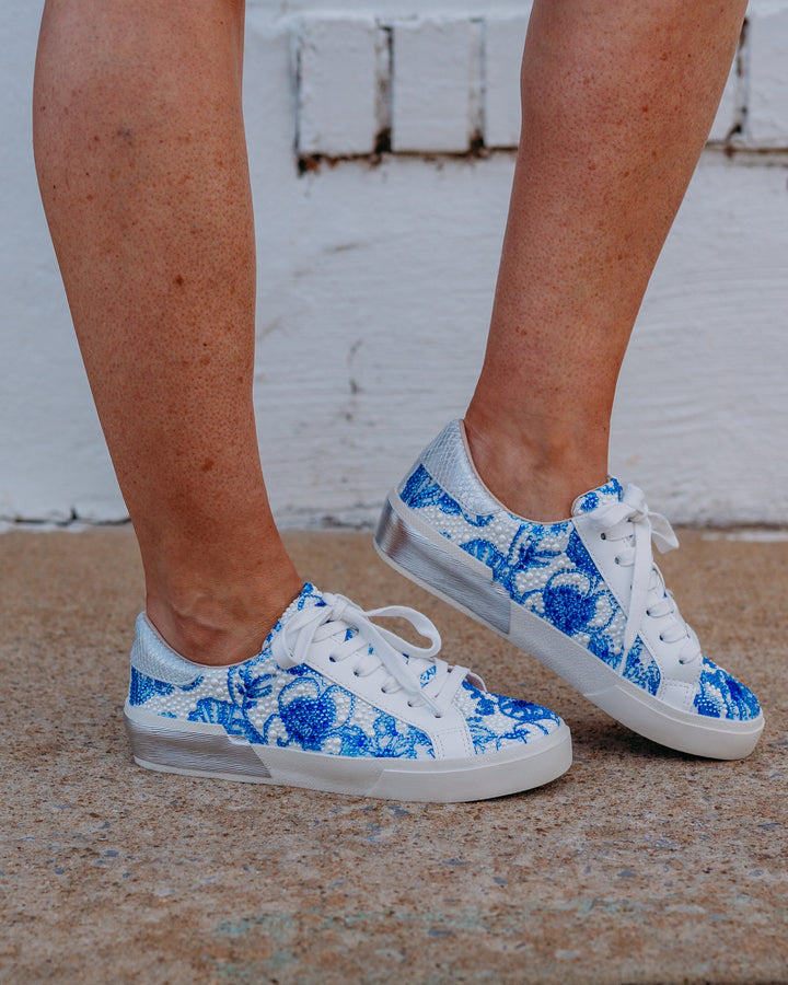 Betsey Johnson: SB-Damon Tennis Shoe in White/Blue Floral