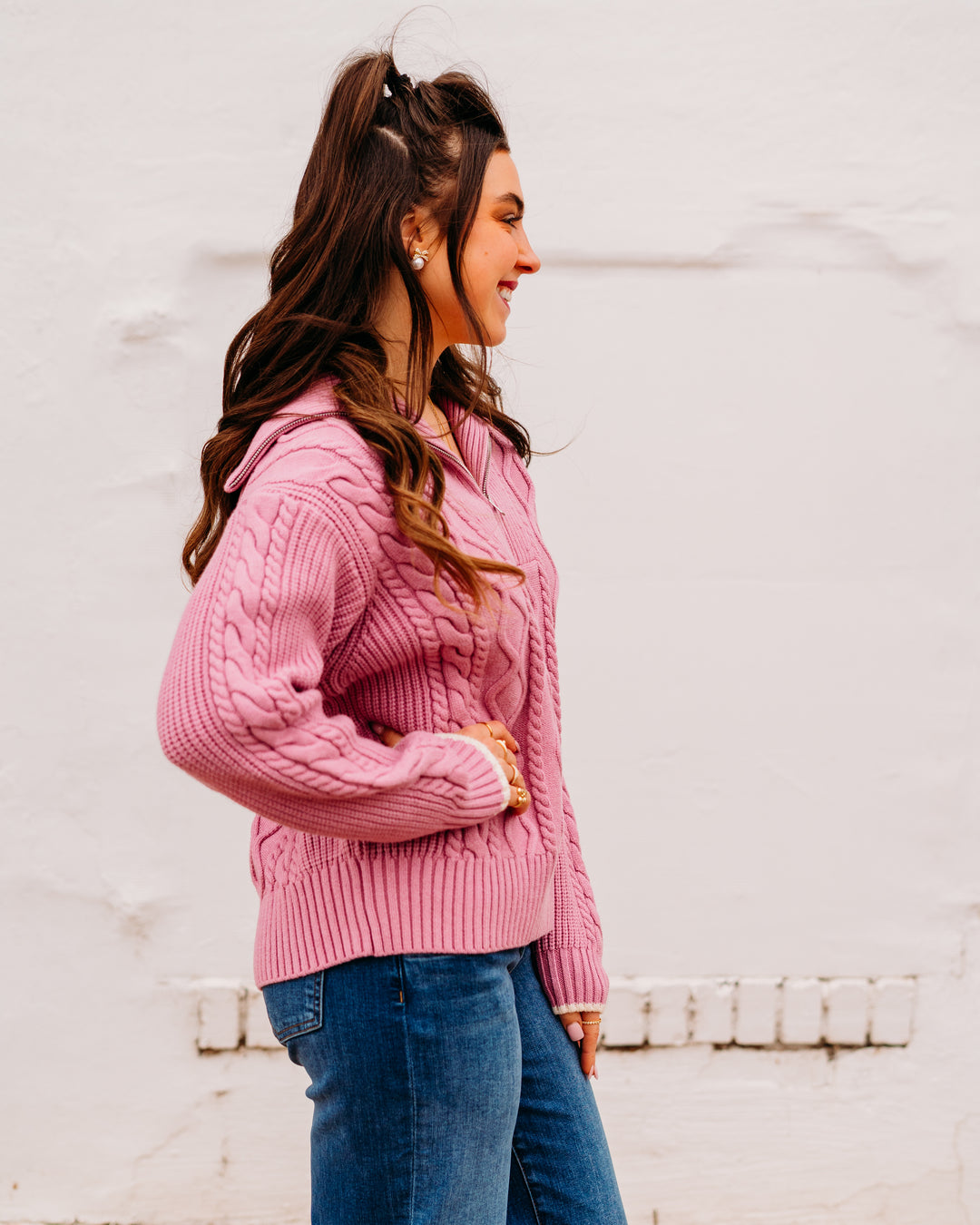 Varley: Didi Relaxed Cable Half Zip in Mauve Orchid