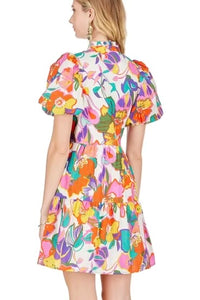 Jade: Tropical Floral Puff Sleeve Button Tiered Dress 66A9622-2