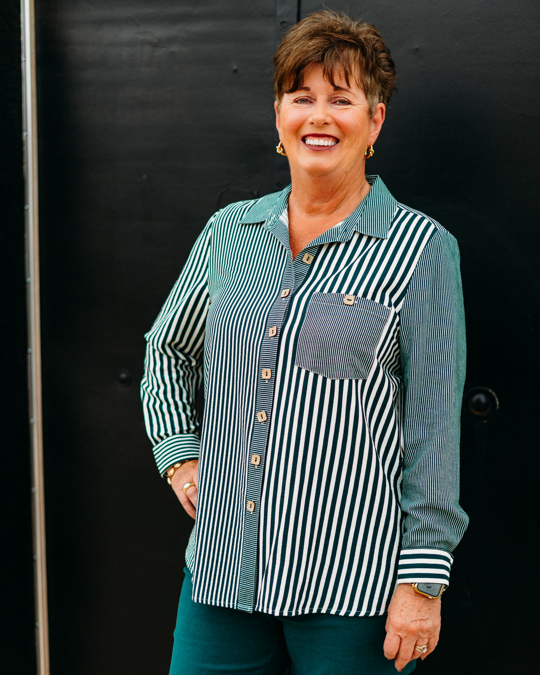 Multiples:  (Sun Stone) Turn-Up Cuff Long Sleeve Hi-Lo Shirt in Deep Green(M35609BM)