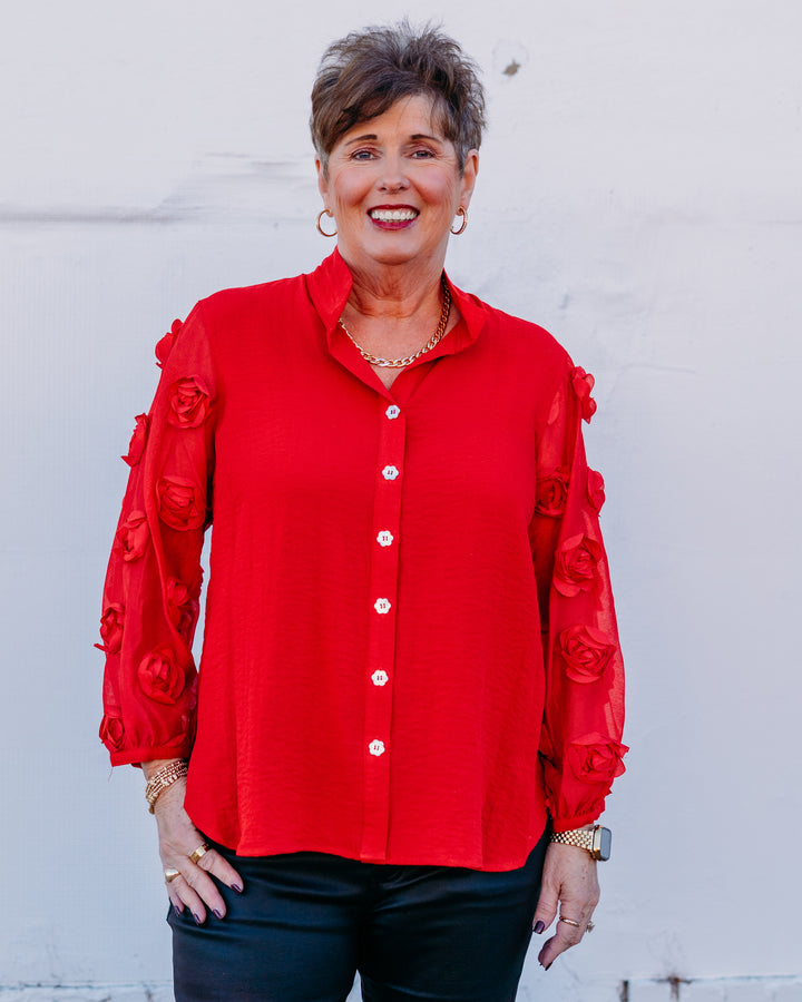 John Mark: Wire Collar Button Front Sheer Rosette in Scarlet J45646BM