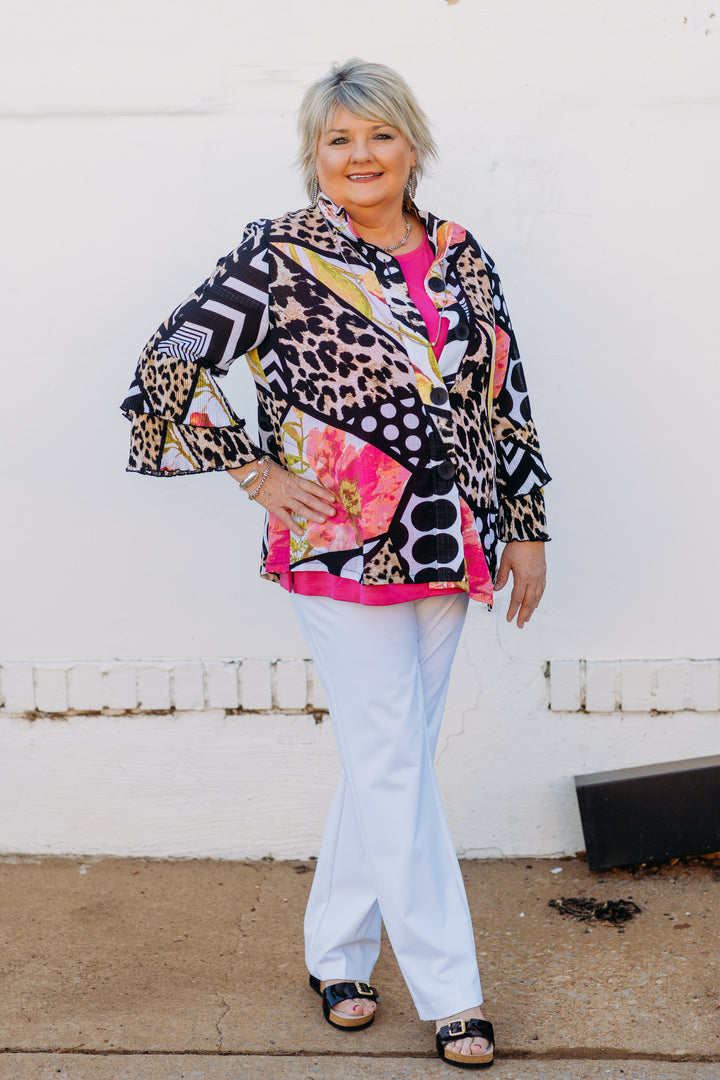 Multiples: DBL Peated Flounce 3/4 Sleeve Button Top in Multi M15407JM