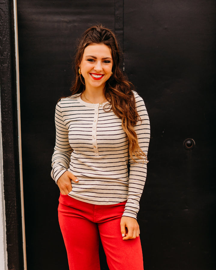 Z Supply: Eve Stripe Henley Long Sleeve in Light Oatmeal Heather