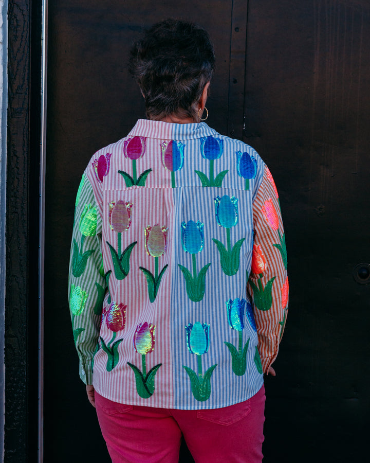 Queen Of Sparkles: Striped Sequin Tulip Button Up Long Sleeve Top in multi (SP26193) - The Vogue Boutique