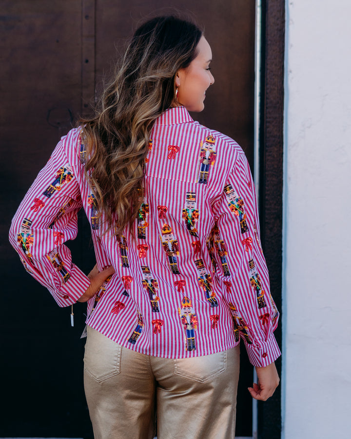 Queen Of Sparkles: Red Stripe Scattered Nutcracker & Bow Cotton Button Up Top