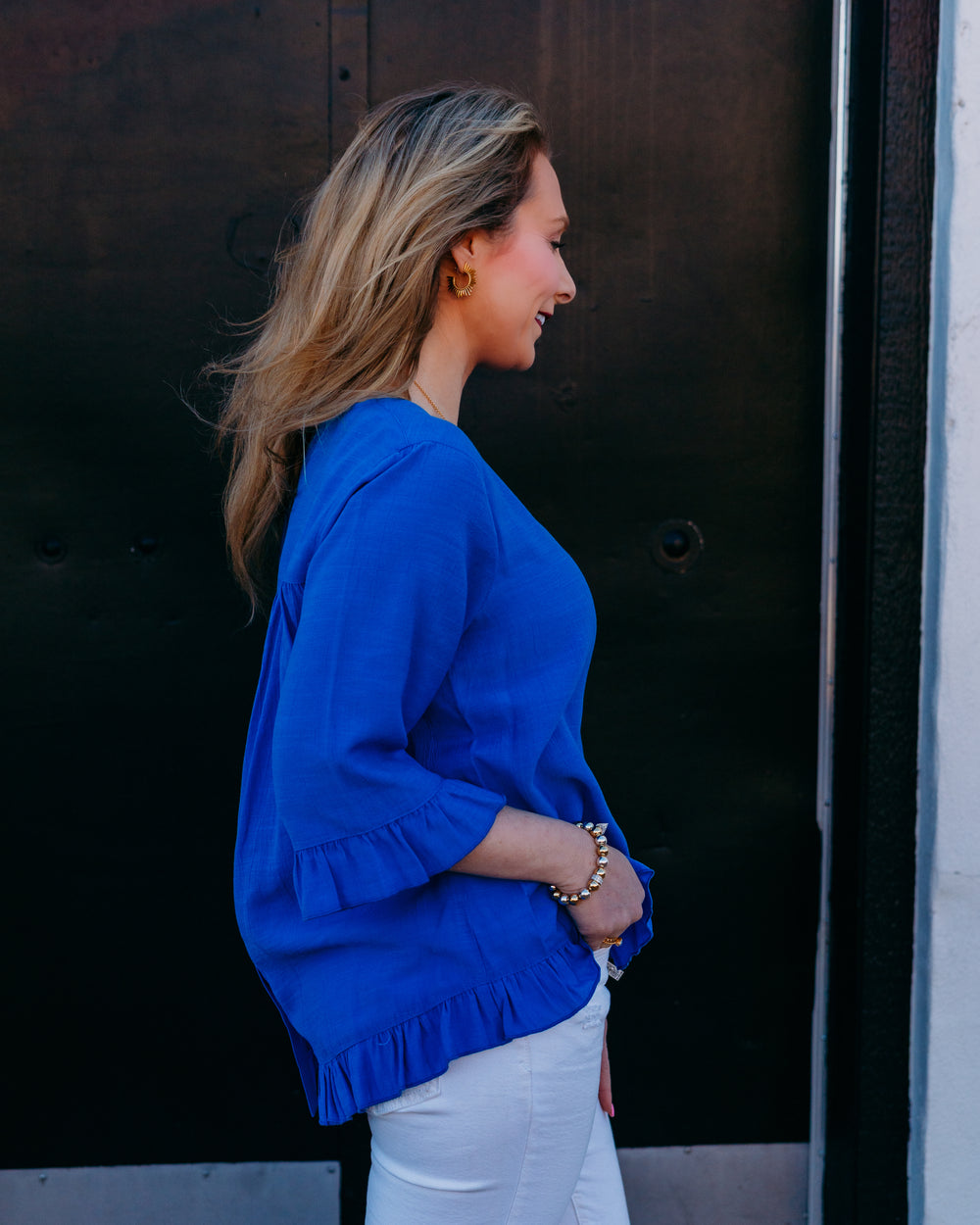 Multiples: Elbow Sleeve Scoop Neck Ruffle Hi-Lo Button Top in Electric Blue (M26511TM) - The Vogue Boutique