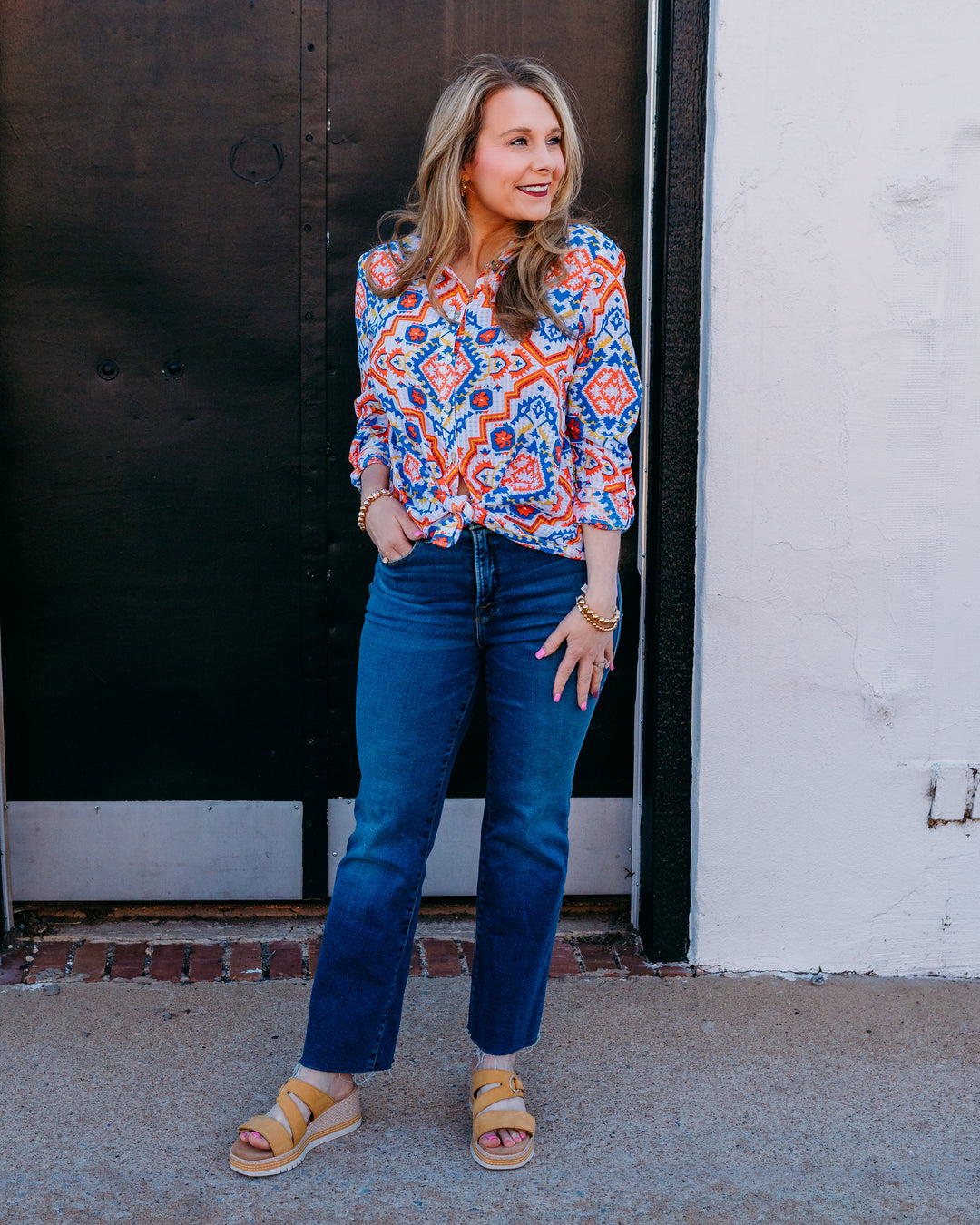 Multiples: Roll Tab Long Sleeve Button Front Hi-Lo Shirt in Multi (M26505BM) - The Vogue Boutique