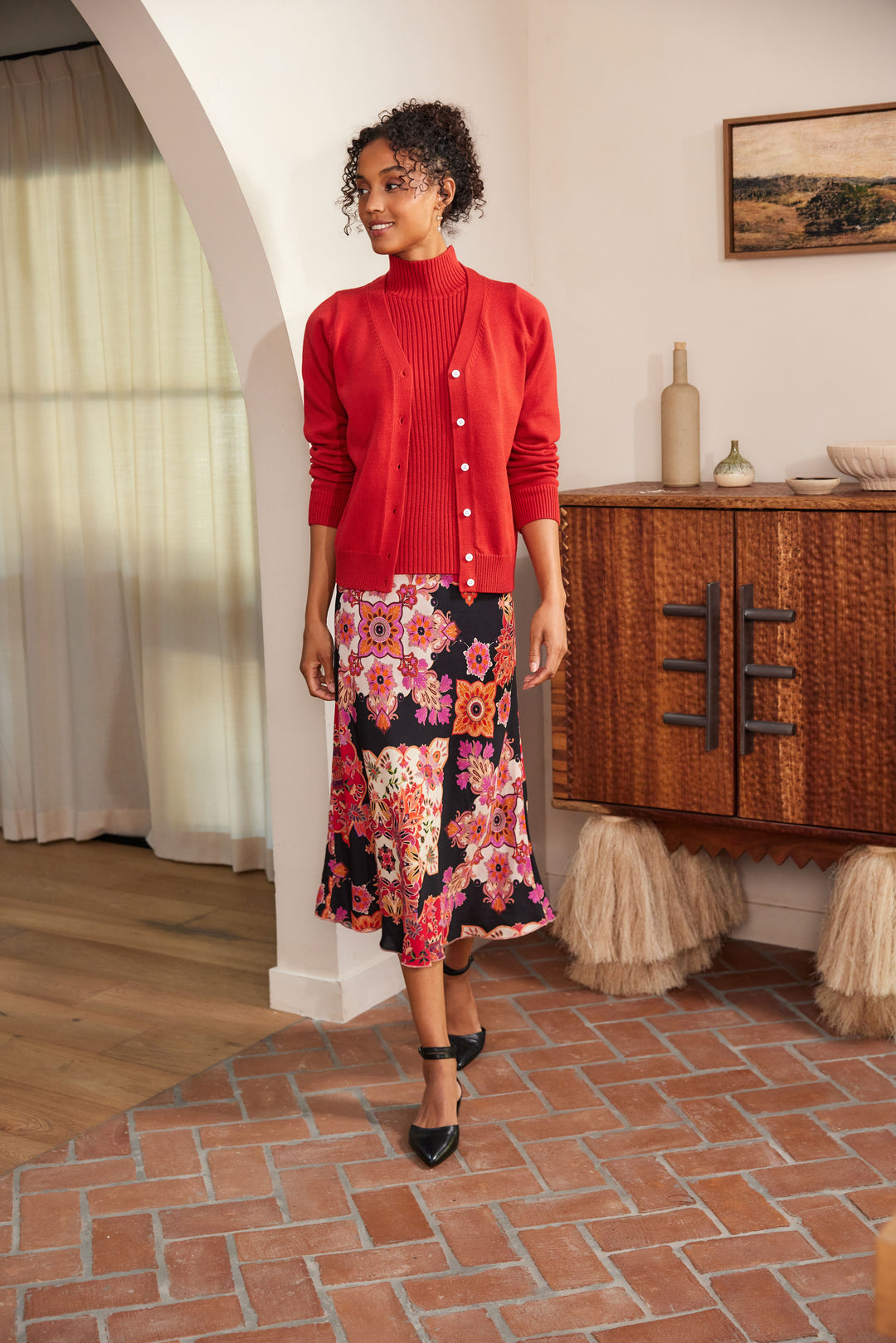 Karen Kane: Bias Cut Midi Skirt in Rosy Rebel