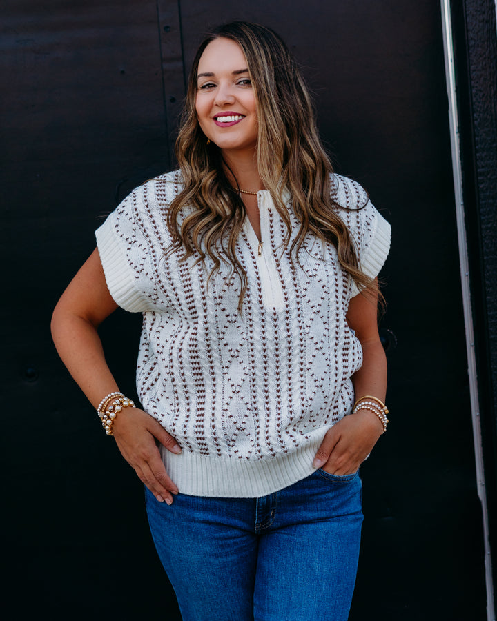 Liverpool: Cap Sleeve Dolman 1/2 Zip Sweater in Cream with Camel