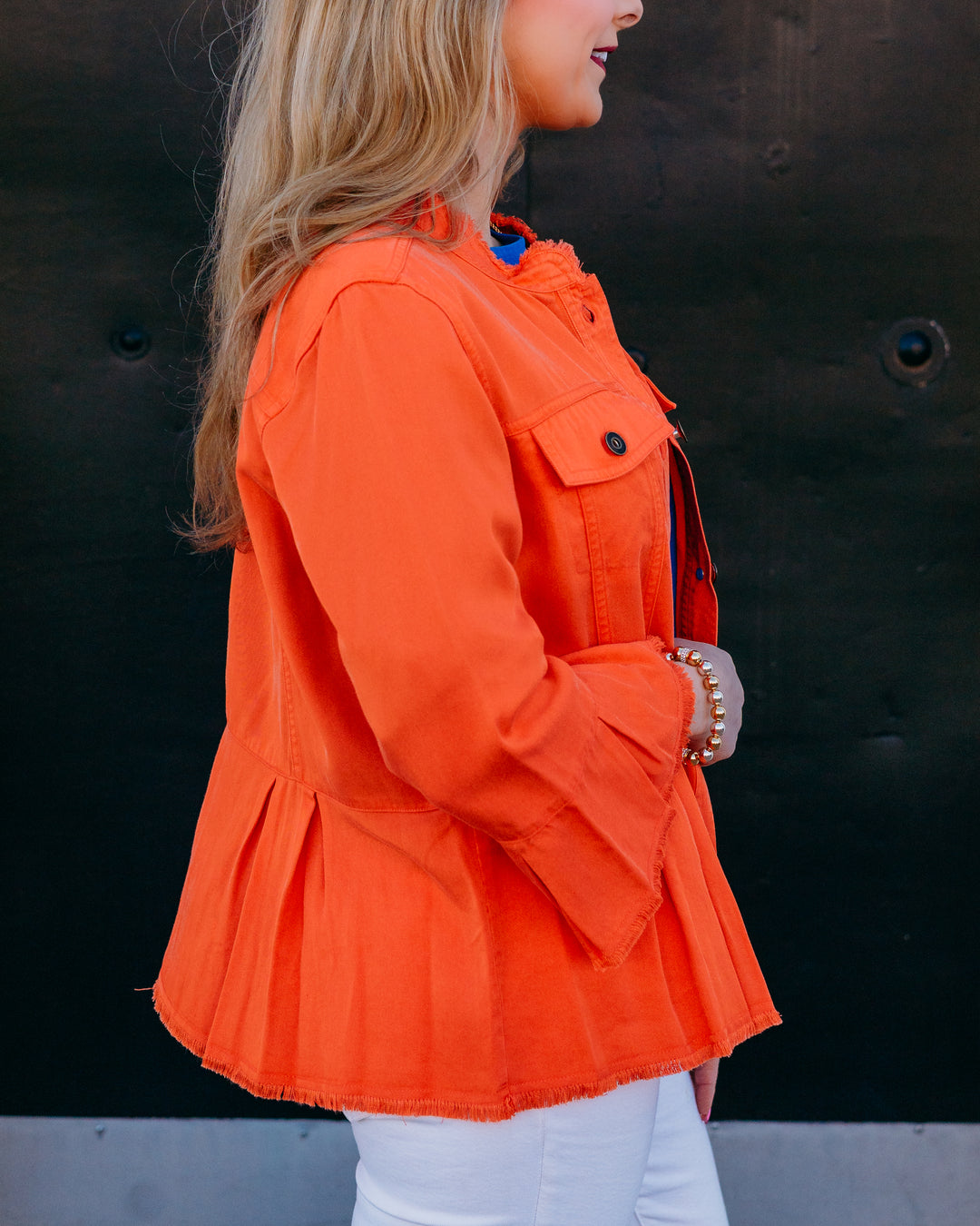 Multiples: 3/4 Flounce Slv 2-Pocket Button Front Peplum Jacket in International Orange (M26510JM) - The Vogue Boutique