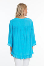 Load image into Gallery viewer, Multiples: 3/4 Sleeve Scoop Neck Ruffle Hi-Lo Button Back Solid Slub Woven Top in Ocean M24608TM
