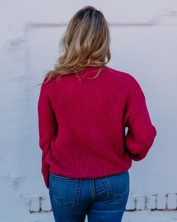 Liverpool: Long Sleeve Mock Neck Sweater with Fringe in Deep Raspberry