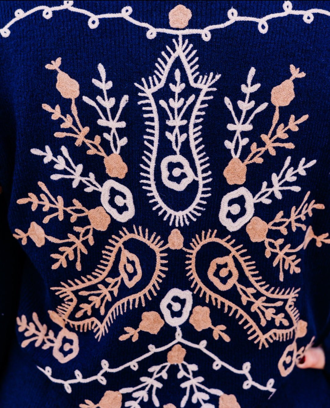 Charlie B: Notched Neck Rib Embroidered Sweater in Navy