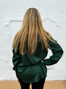 Glam: V-Neck Button Down Shirt in Hunter Green