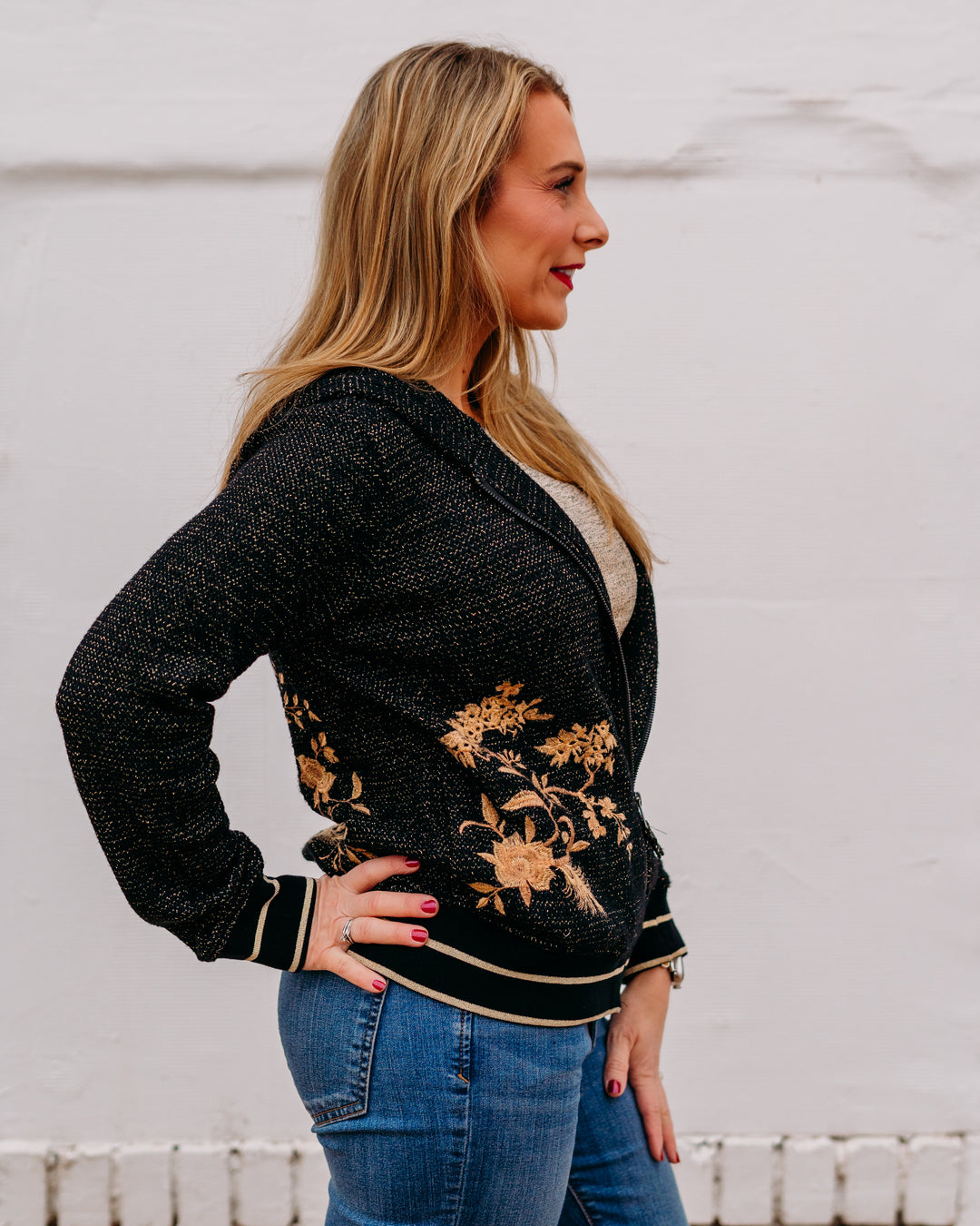 Johnny Was: Metallic Thermal Zip Up Hoodie in Black