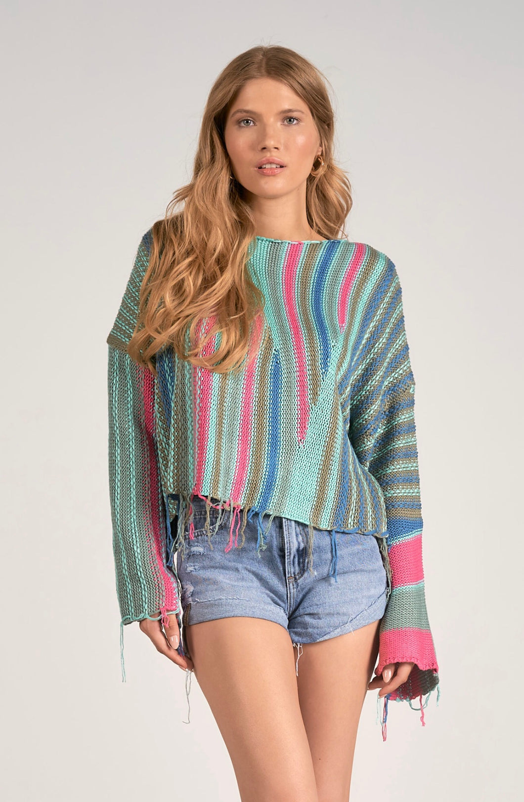 Elan: Sweater in Turquoise Multi- SWS11153