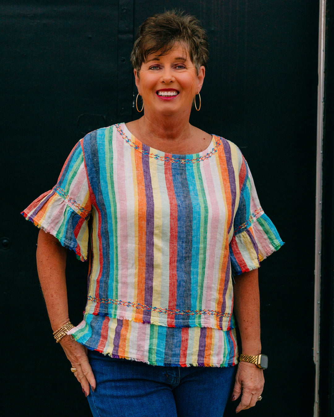 John Mark: Stripe Pull on Top With Flounce Sleeves & Embroiled (J26439TM) - The Vogue Boutique