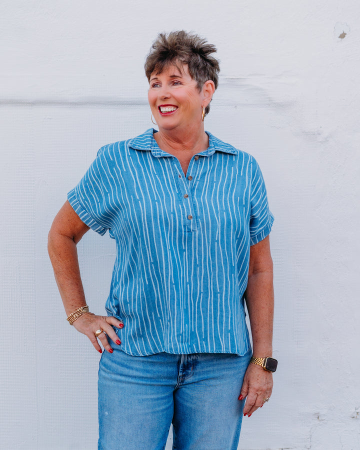 Multiples: (Freedom Rings) Twill & Print Denim Popover Top - Light Indigo Print (M26301TM)