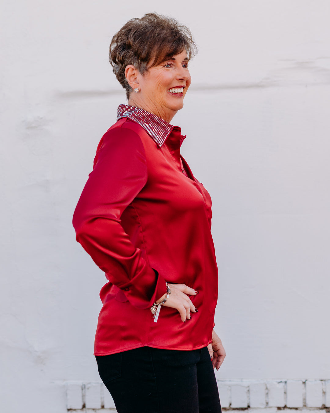 Joseph Ribkoff: Satin Button-Front Blouse with Embellished Collar in Deep Cherry (254926)
