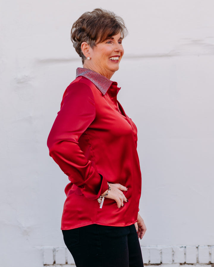 Joseph Ribkoff: Satin Button-Front Blouse with Embellished Collar in Deep Cherry (254926)