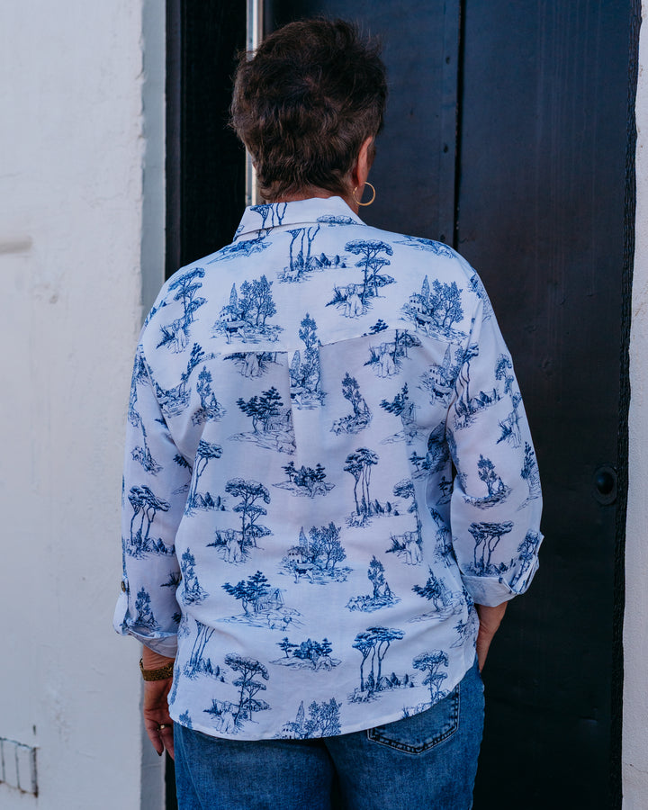 Multiples: Roll Tab Cuff L/S Bttn Frt Plkt Hi-Lo P/O Shirt Top in Chmprt (M16503TM)