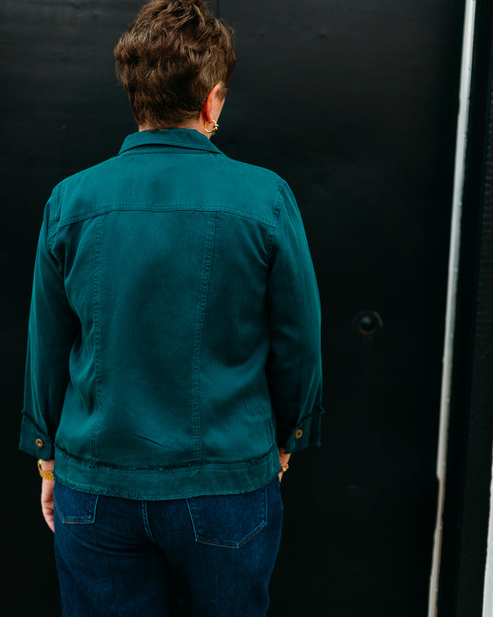 Multiples:  (Sun Stone) Cuffed 3/4 Sleeve Drop Shoulder Jacket in Deep Green (M35612JM)