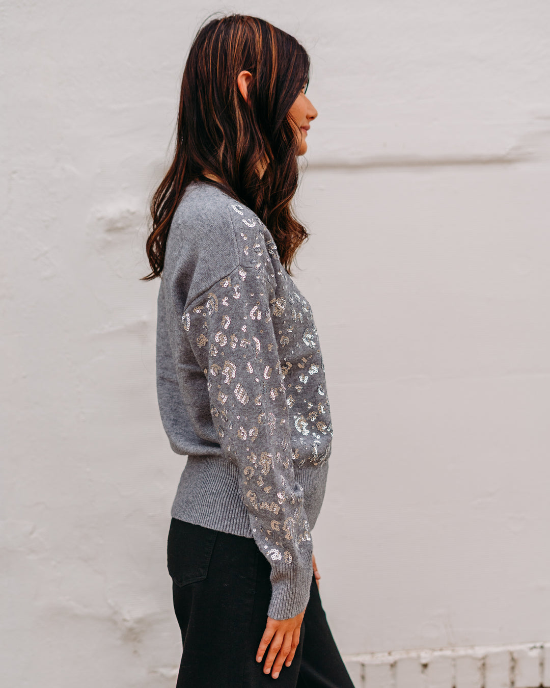 Charlie B: Drop Shoulder Sequined Crew Neck Sweater in Dark Grey