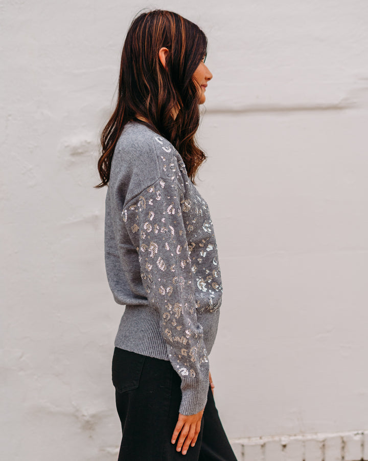 Charlie B: Drop Shoulder Sequined Crew Neck Sweater in Dark Grey