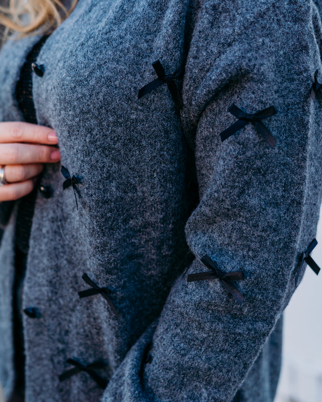 A La Carte: Cardigan with Bows in Charcoal (L35411KM)