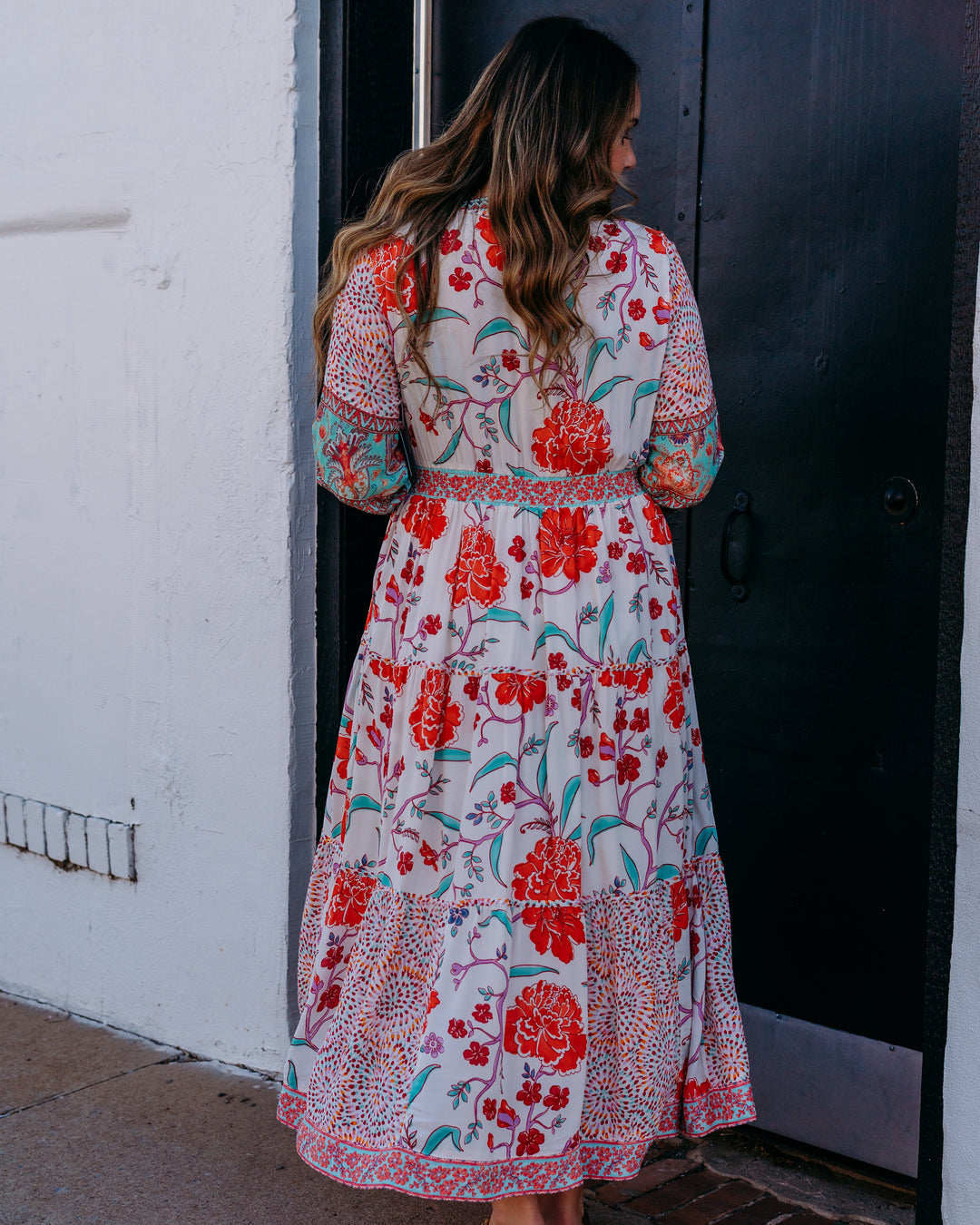 John Mark: Tiered Dress with Embroidered Waist & 3/4 Sleeves (J16353DM) - The Vogue Boutique