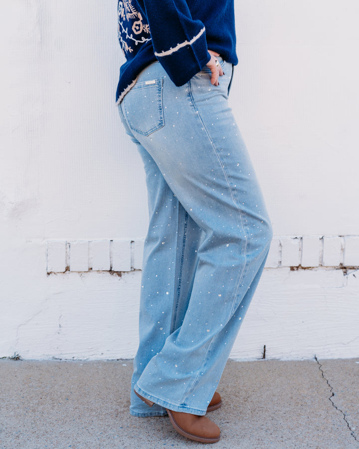 Joseph Ribkoff: Light Blue Denim Classic Wide Leg Stretch Jeans with Crystals Style 252916