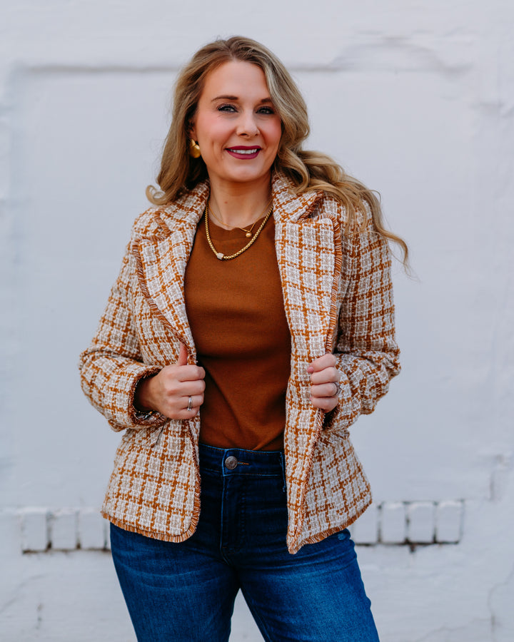 Liverpool: Blazer With Fray Edges in Gold And Khaki Plaid