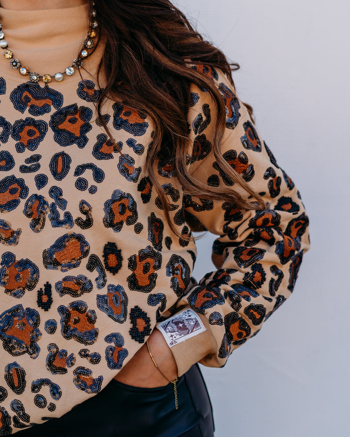 Queen of Sparkles: Tan, Brown, & Black Leopard Mock Neck Sweatshirt