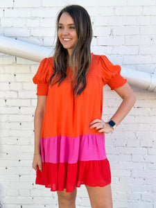 Joy Joy: Orange Smocked Colorblock Tiered Dress 67C7319