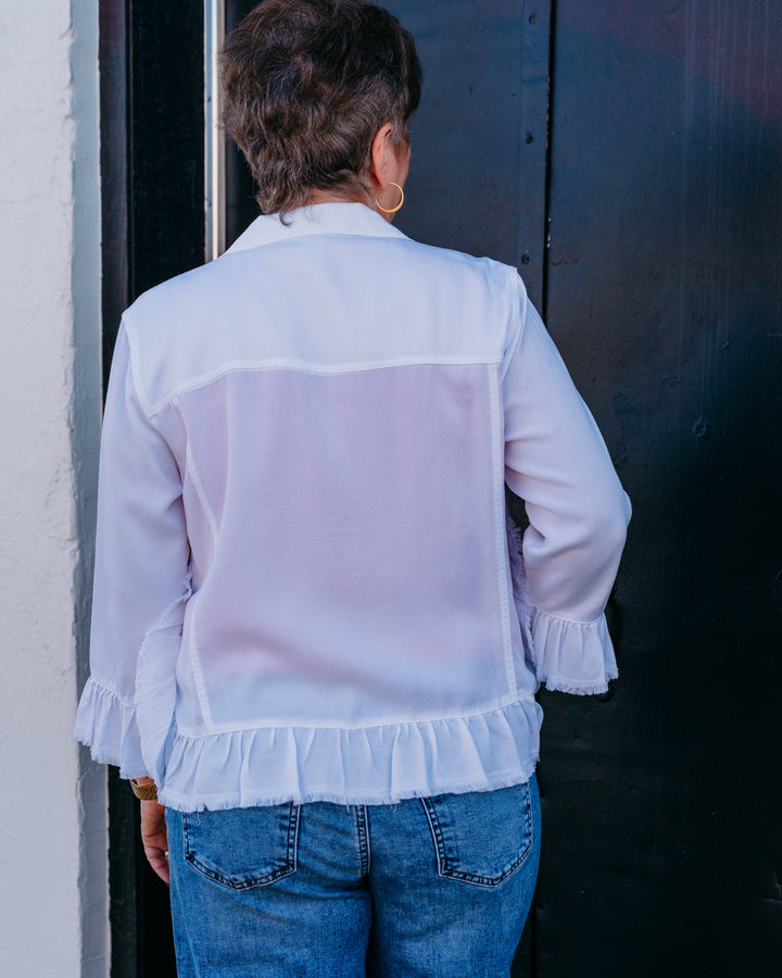 Multiples: 3/4 Ruffle Slv Bttn Frt 2-Pkt Ruffle Hem Jean Jkt in White (M16505JM)