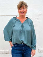 Load image into Gallery viewer, Glam: Tie Front Ruffled Blouse in Teal
