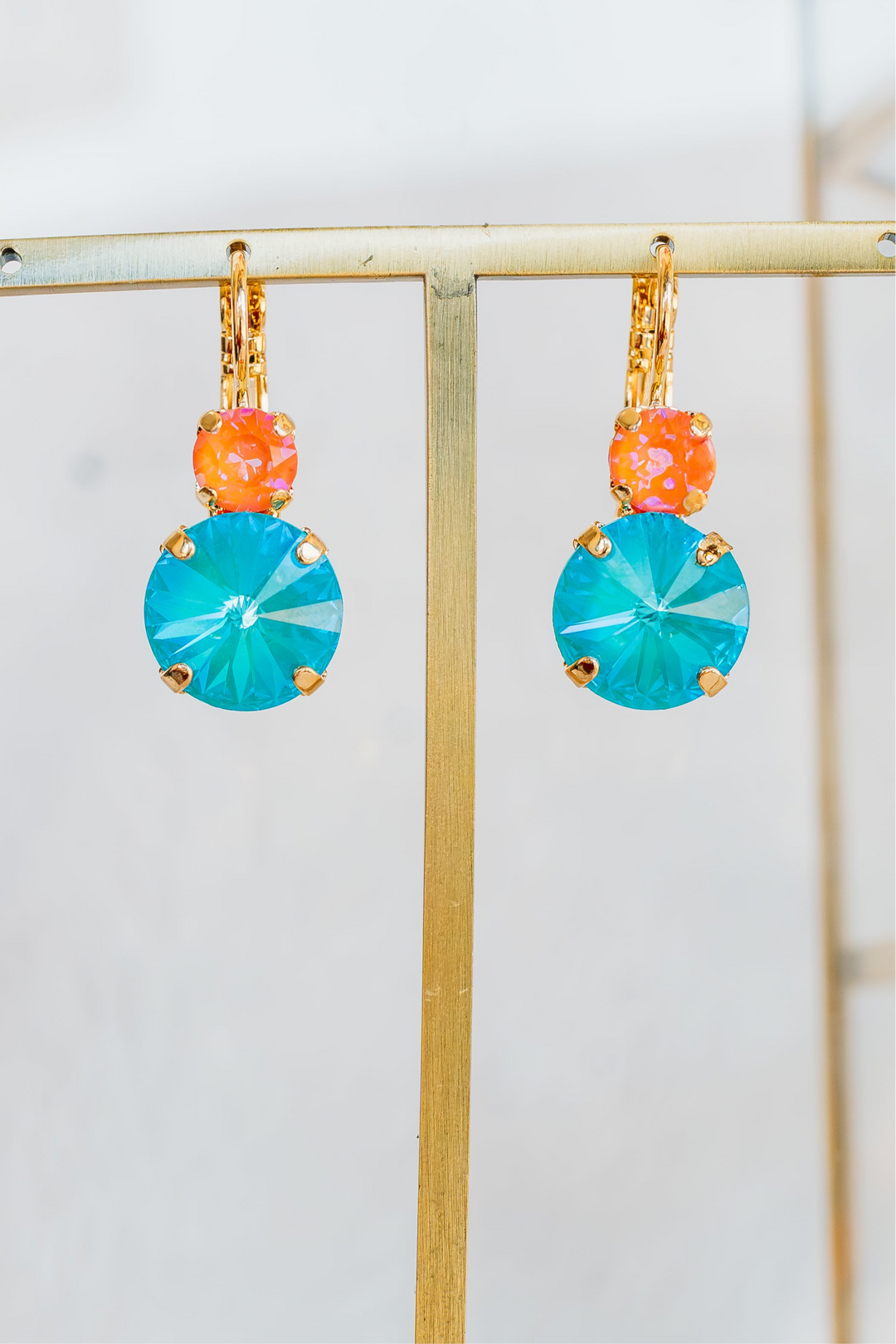 Mariana: Large Rivoli Double Stone Leverback Earrings in Gold