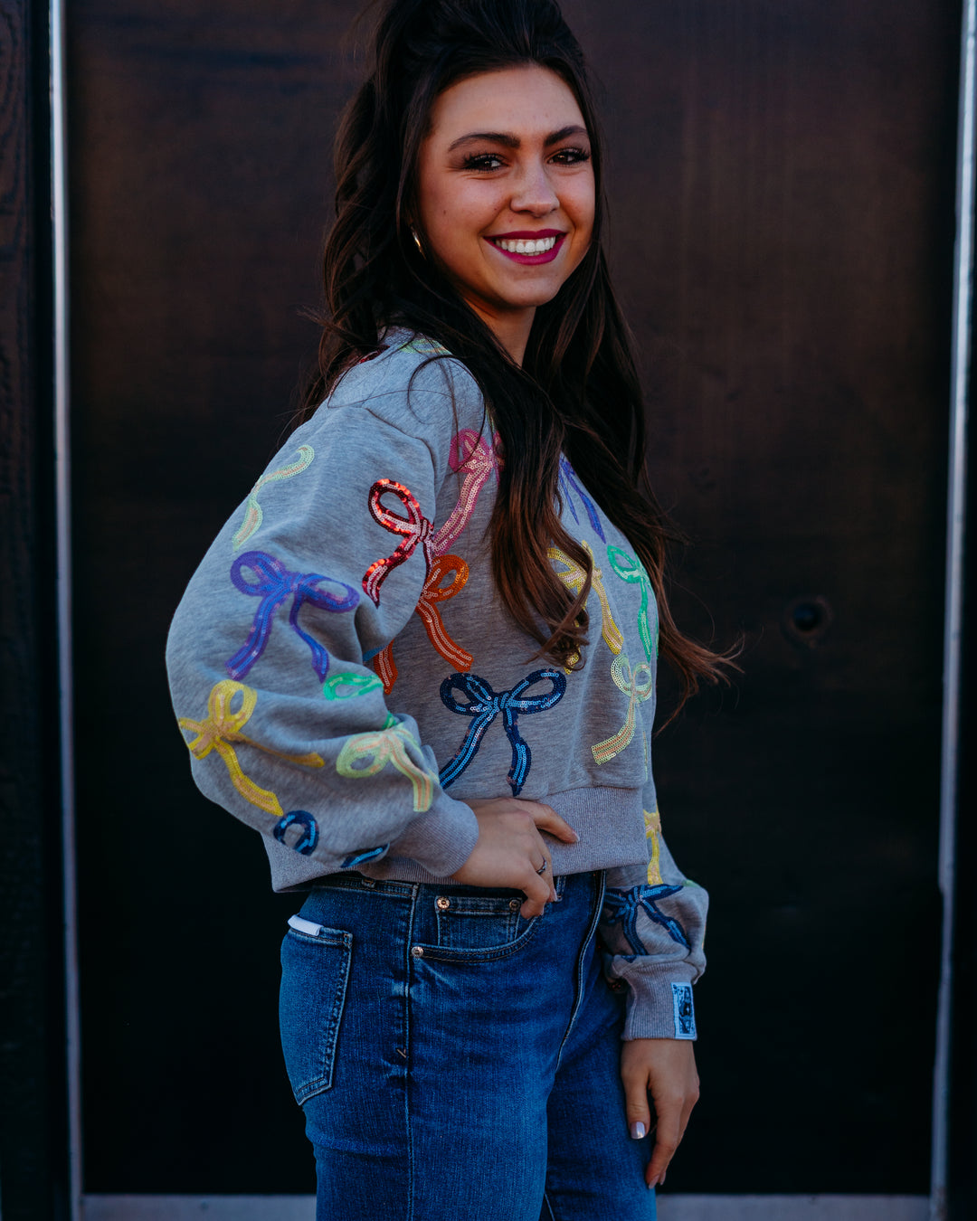 Queen Of Sparkles: Multi Bow Charcoal Sweatshirt