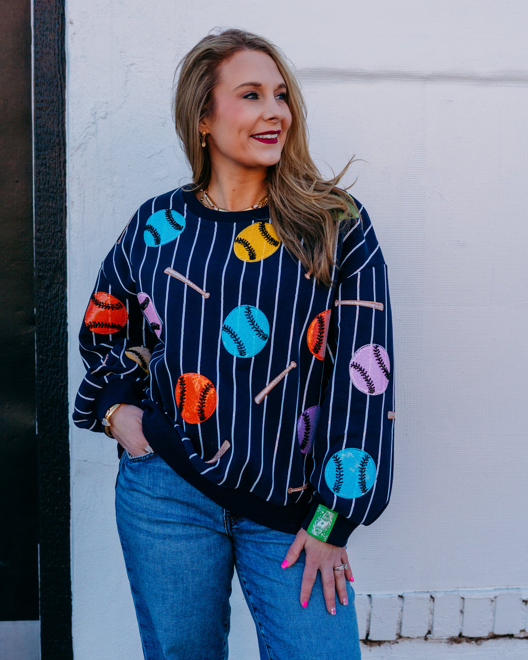 Queen Of Sparkles: Striped Multi Baseball & Bat Sweatshirt in Multi (SP26317) - The Vogue Boutique