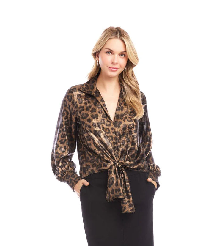 Karen Kane: Long Sleeve Tie Front Top in Leopard 3L36000