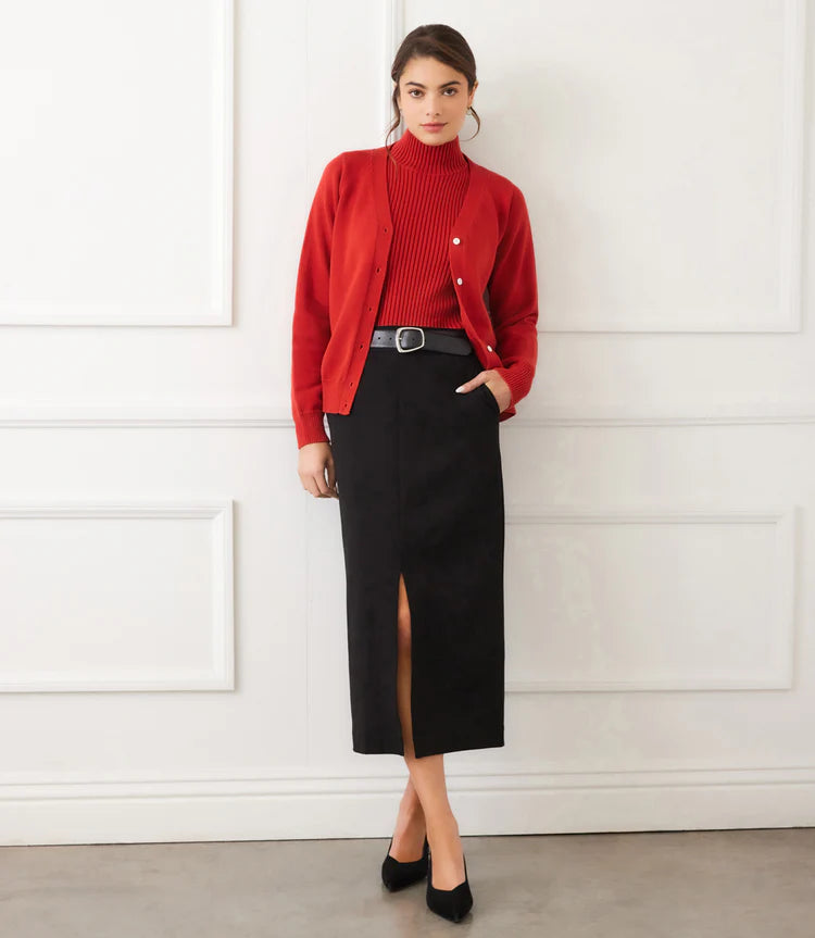 Karen Kane: V-Neck Cardigan Sweater in Tomato