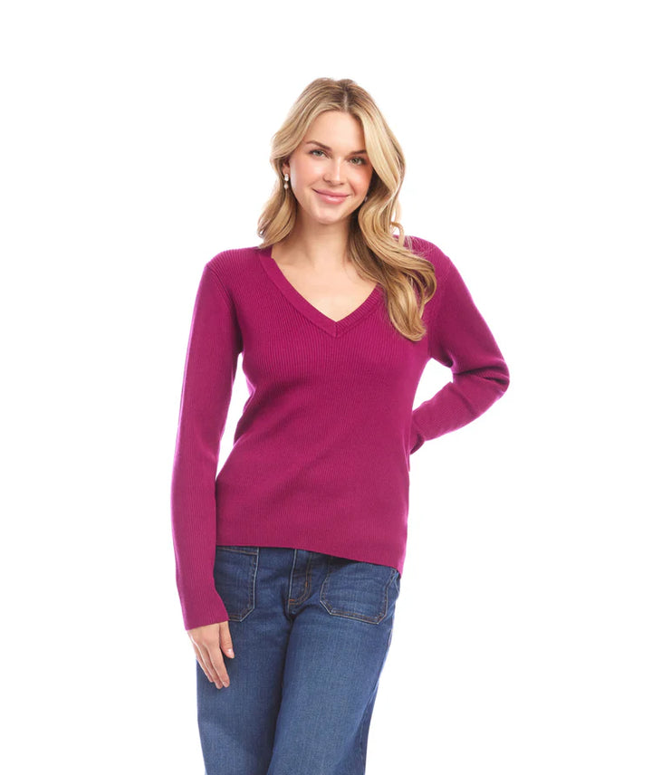 Karen Kane: Ribbed V-Neck Sweater in Magenta