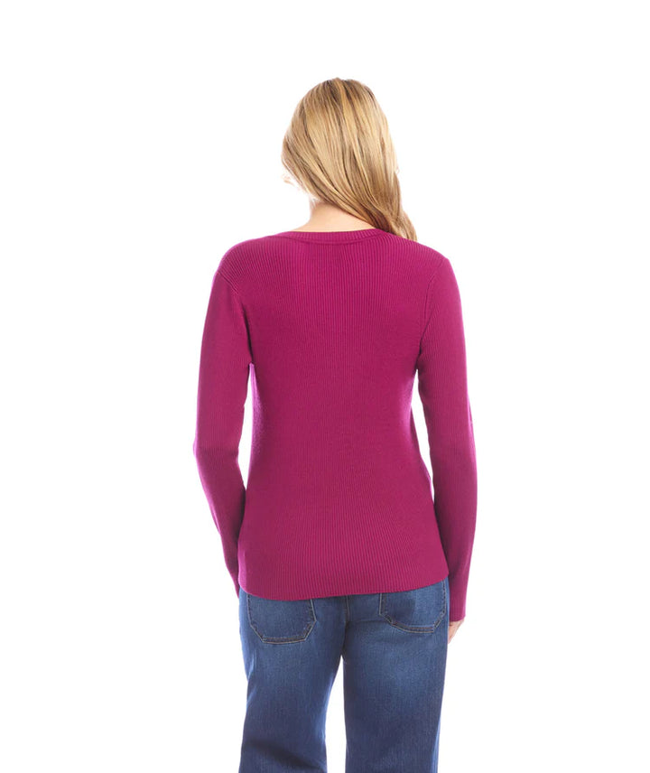 Karen Kane: Ribbed V-Neck Sweater in Magenta