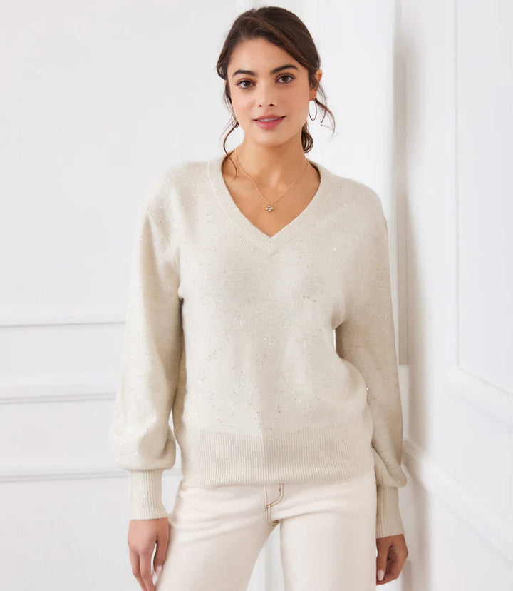 Karen Kane: Sequin V-Neck Sweater in Sand 3L89982